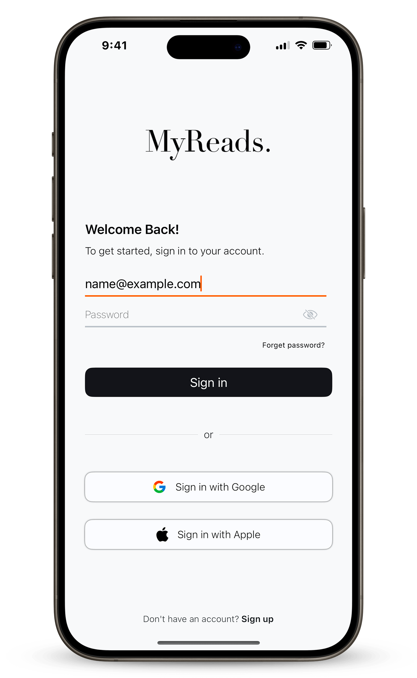 MyReads authentication screen