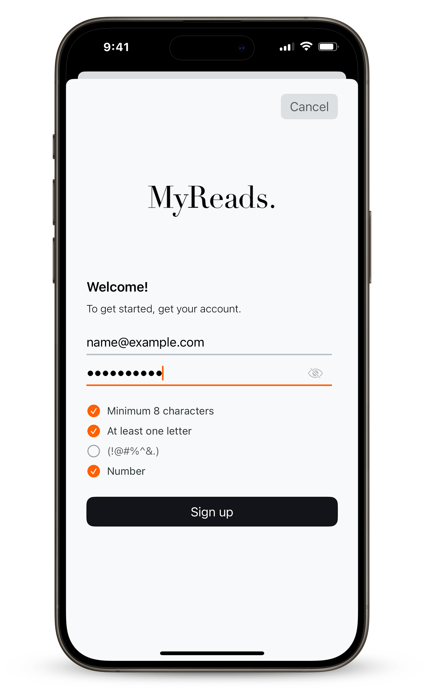 MyReads register screen